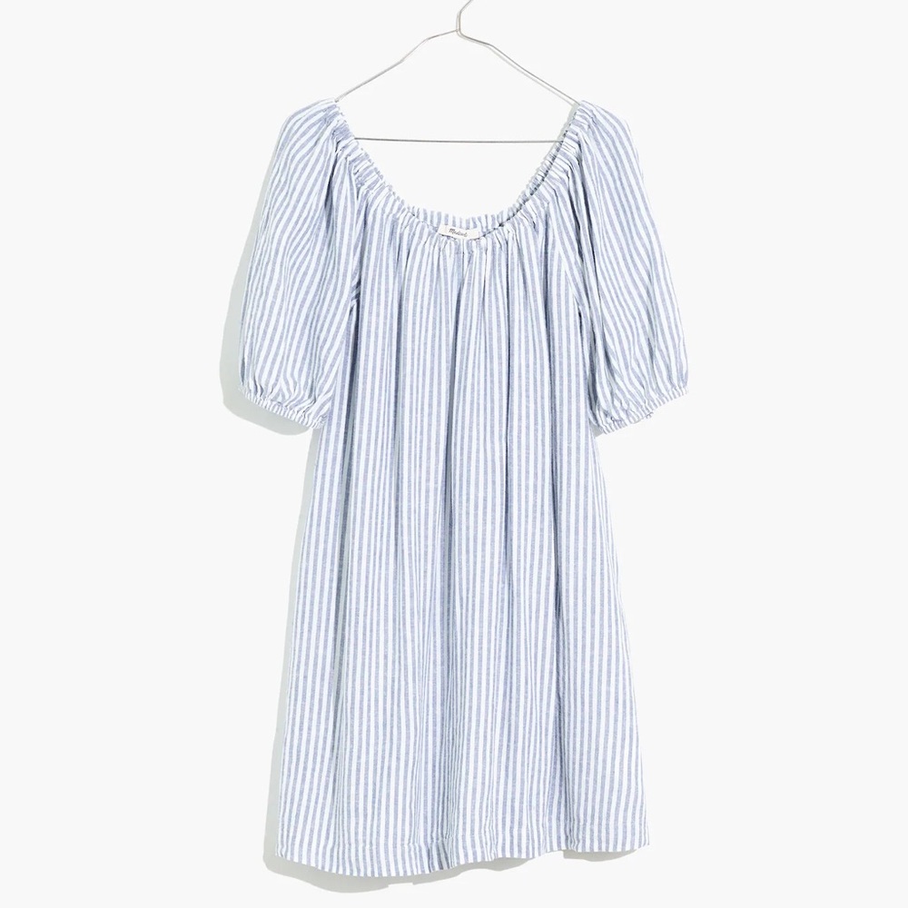 Madewell Linen-Blend Puff-Sleeve Trapeze Mini Dress in Railroad Stripe in 2X